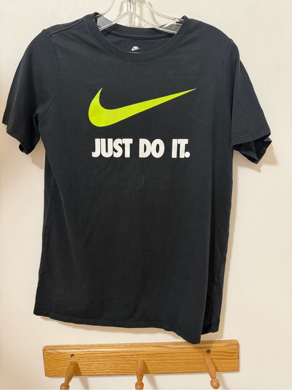 Nike Black T-Shirt Boy’s with White Lettering and Neon Green Nike Swoosh